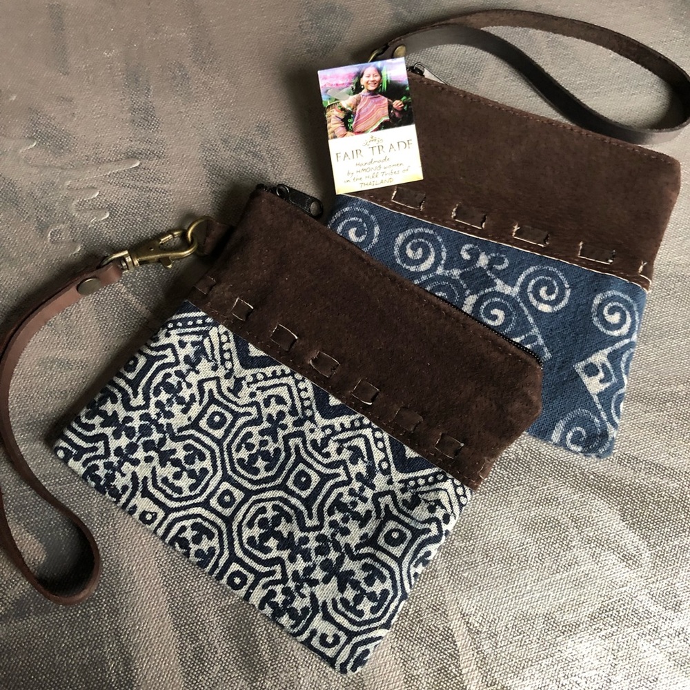 Artisan Made Indigo Batik & Leather Wristlet Bag